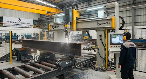 High precision heavy 3-axis CNC beam drilling line drilling bolt connection holes simultaneously into both flanges and web of structural H-beam steel, high-pressure cooling emulsion misting, clean modern industrial setting.