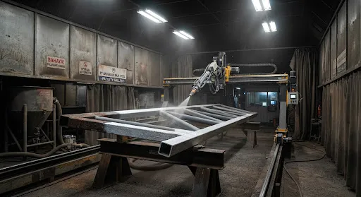 Industrial sandblasting chamber illuminated by high bay LED lights showing an automated abrasive blasting nozzle systematically cleaning large structural steel trusses down to white metal standard Sa 2.5, displaying uniform surface roughness profile.