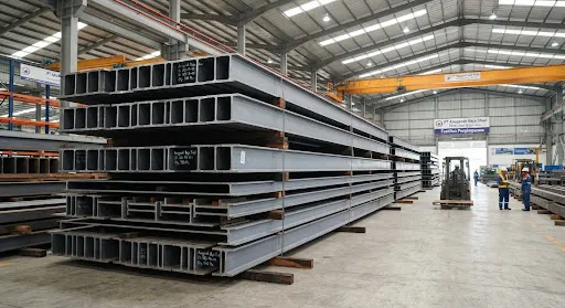 Dense and highly ordered stack of large wide-flange structural steel beams in a covered industrial warehouse, resting on treated hardwood dunnage spacers, perfectly straight steel beams reflecting clean warehouse floodlights.