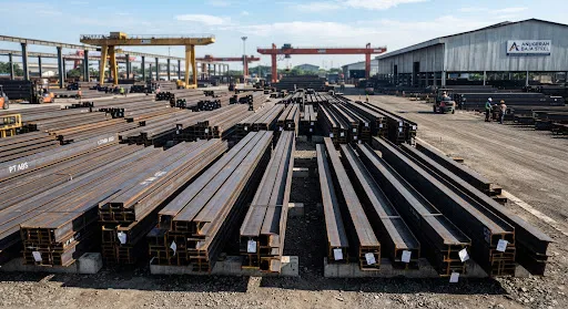 Heavy steel H-Beam piles aligned systematically in an open industrial yard, high-contrast morning light, dark metallic finish, structural steel inventory