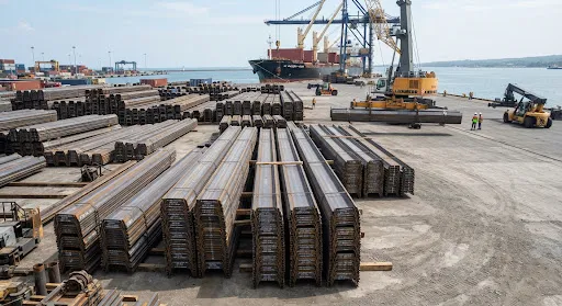 Steel sheet pile profiles in corrugated U-shape stacked at construction logistics terminal, port infrastructure supply, heavy industrial grade