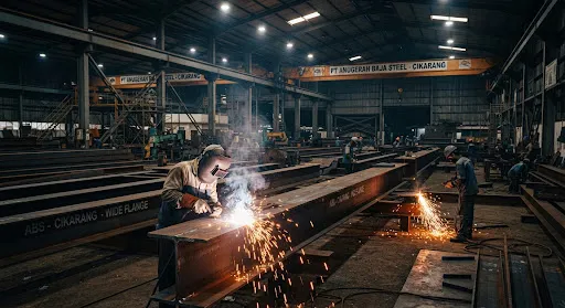 Heavy structural steel fabrication plant in Cilegon with workers cutting and welding wide flange H-beams under bright overhead warehouse lighting with spark effects in deep navy tones and industrial atmosphere