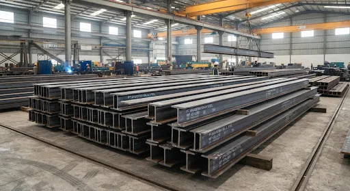 Wide Flange steel beams stacked in steel fabrication plant, sharp industrial reflections on gunmetal steel surfaces, realistic warehouse setting
