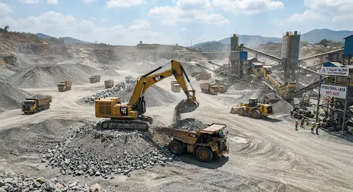 Massive quarry aggregate loading yard with dump trucks and excavator moving heavy gravel split stone base course under sharp daylight with industrial infrastructure atmosphere