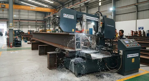 High precision industrial CNC horizontal band-saw machine cutting through thick steel flange of a massive WF beam, metal shavings and coolant fluid spray captured in crisp detail, modern industrial workshop floor with safety markings and LED task lighting.