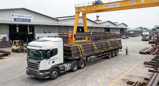 Heavy-duty 40-foot flatbed semi-truck trailer being loaded with long 12-meter structural wide-flange beams, secured with heavy yellow tension ratchet chains, in an organized dispatch yard with warehouse hangars visible in background.