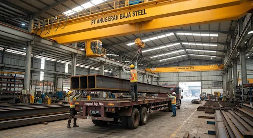 Heavy double-girder yellow overhead gantry crane lifting massive steel H-beam sections with heavy-duty steel wire cables, riggers wearing safety helmets and high-visibility vests guiding the structural members onto a flatbed trailer in an industrial warehouse bay.