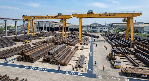 Expansive open-air industrial steel stockyard at Cilegon Banten under bright daylight showing meticulously stacked structural WF and H-beam steel profiles, heavy yellow gantry cranes towering overhead, concrete pavement marked with safety walkways in deep navy and industrial slate tones.