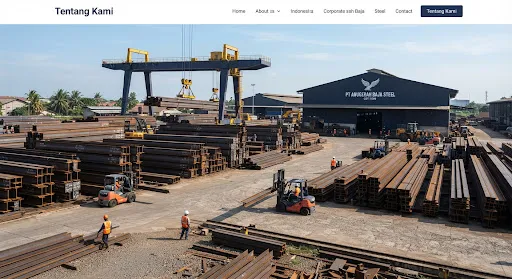 Industrial steel stockyard with towering stacks of Wide Flange beams, H-beams, and heavy industrial gantry cranes, shot in clear afternoon sunlight with deep navy industrial tones and warehouse machinery in Indonesia