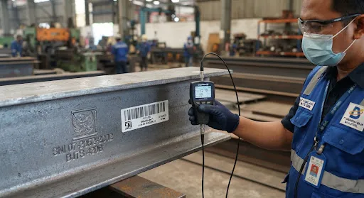 Macro close-up shot of a certified Indonesian national standard SNI embossed stamp and weather-resistant barcode tracking label on a newly manufactured structural steel beam, metal quality control engineer holding digital ultrasonic thickness gauge.