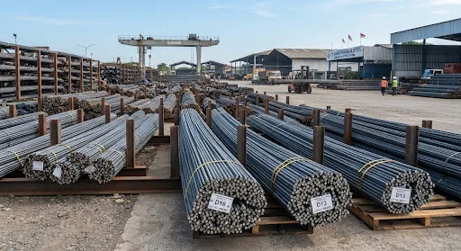 Reinforcing deformed steel rebar bundles stored in outdoor distribution depot, clean ribbed steel texture, high detail industrial capture