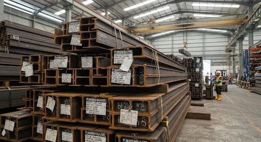 Close up photograph of massive certified structural steel Wide Flange WF and H-beam stacks tagged with SNI and heat numbers stored neatly in an industrial stockyard crane facility under clear industrial lighting.